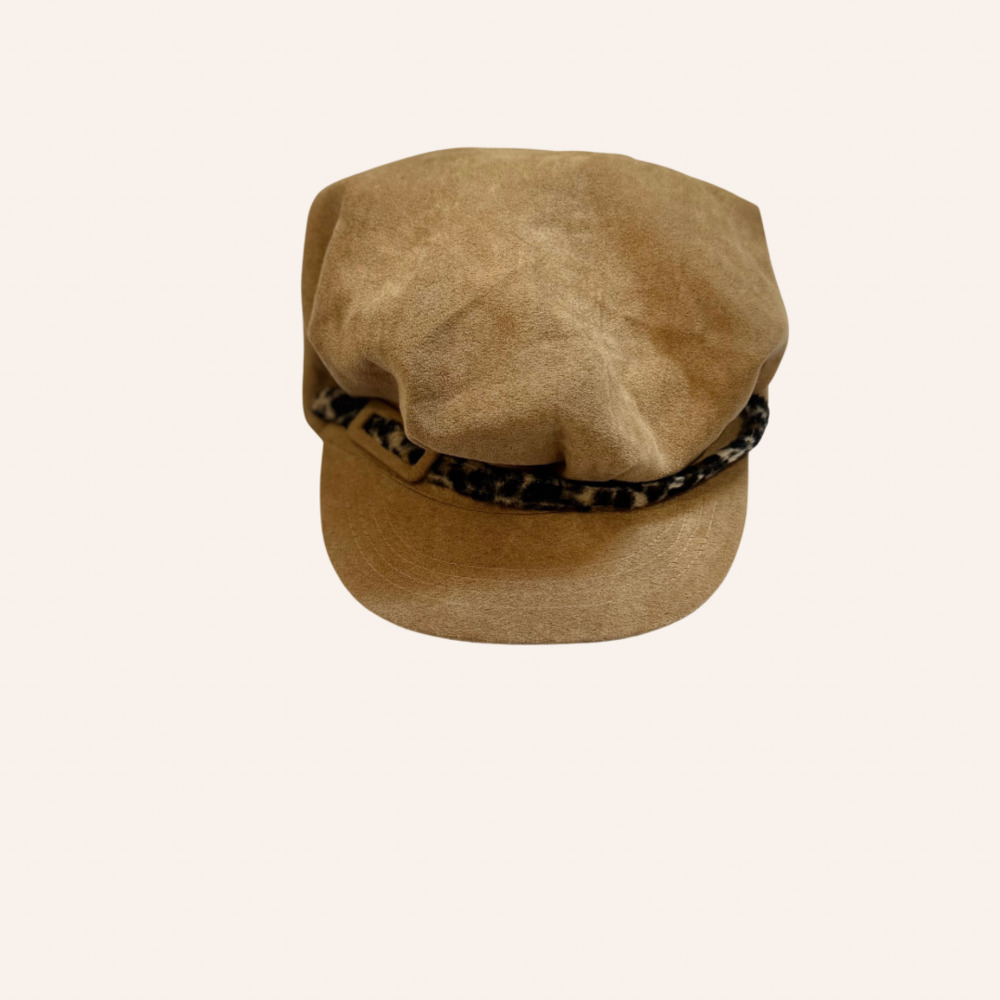 Vintage Tan Suede Baker Boy Cap with Leopard Print Trim Band